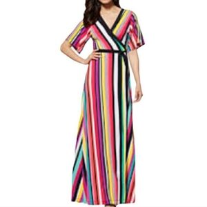 New York and Company Maxi Dress Small Stretch Rainbow Striped Wrap Eclectic